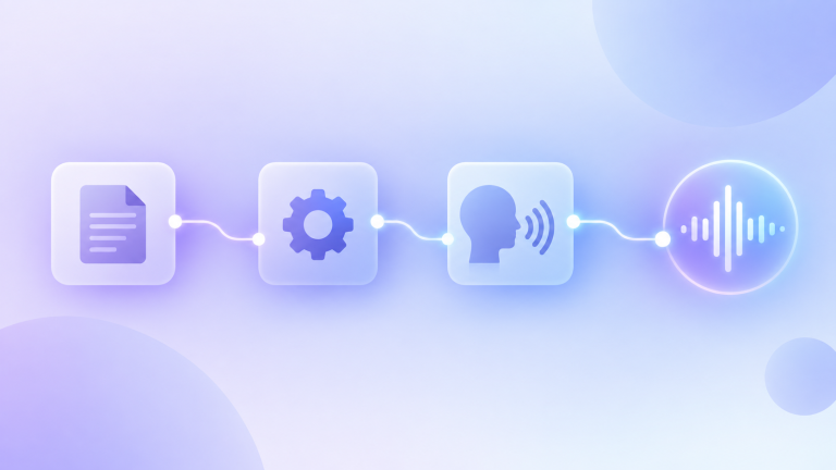 A calm purple and blue workflow illustration showing text moving through automation into a voice waveform