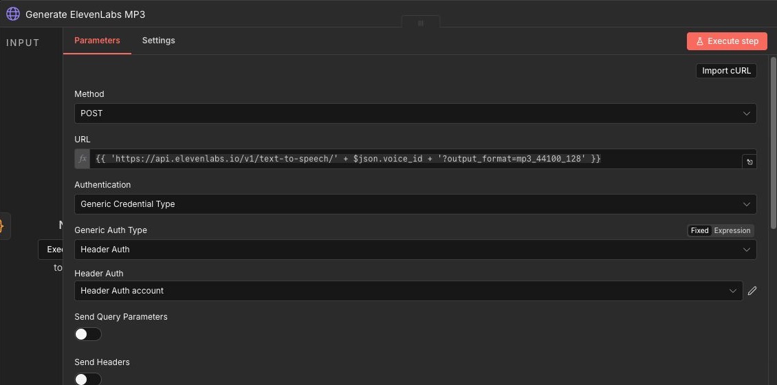 n8n HTTP Request node configured for a POST request with a dynamic ElevenLabs voice ID and Header Auth credential