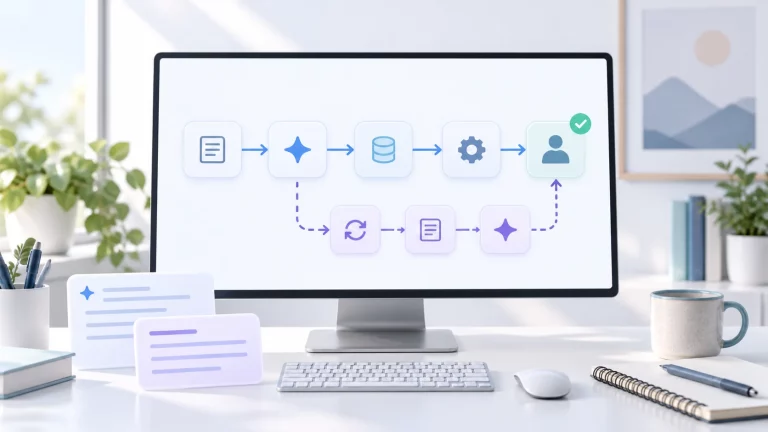 Light workspace illustration showing an n8n workflow with a successful path, a divergent repeat-run path, and a human review checkpoint