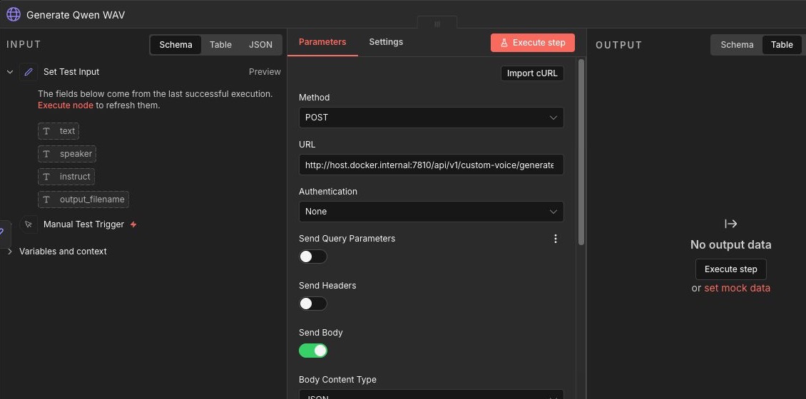 n8n HTTP Request node configured with a local host bridge URL, no authentication, JSON body, and Qwen WAV generation fields