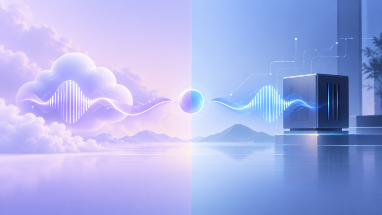 Split workflow illustration showing cloud-based audio on one side and a local computer running audio generation on the other