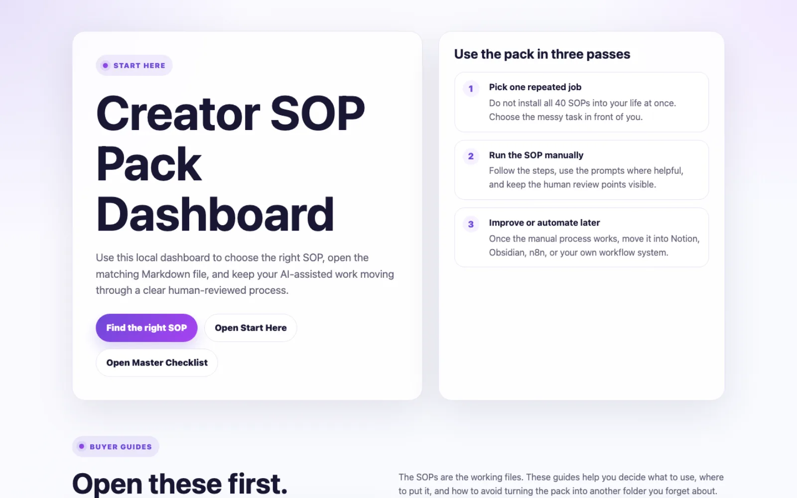 Creator SOP Pack dashboard preview showing the local start page, start here buttons, master checklist link, and three-step workflow guidance